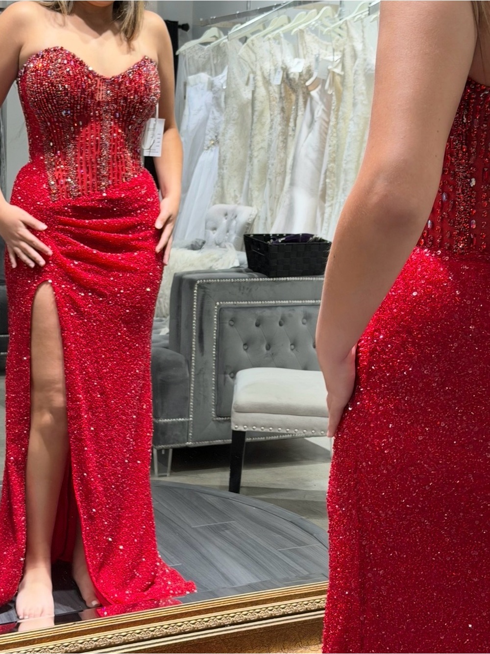 Portia and Scarlett Red Strapless Sequin Gown with High Slit